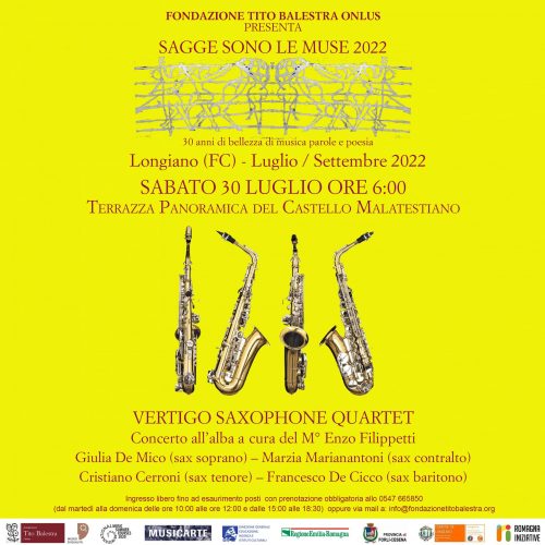 Sagge Sono le Muse 2022 – Concerto all’Alba, Vertigo Saxophone Quartet – Sabato 30 luglio