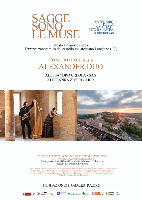 Rassegna Sagge Sono le Muse 2023 –  Concerto all’alba con ALEXANDER DUO, Alessandro Creola (sax) e Alessandra Ziveri (arpa)