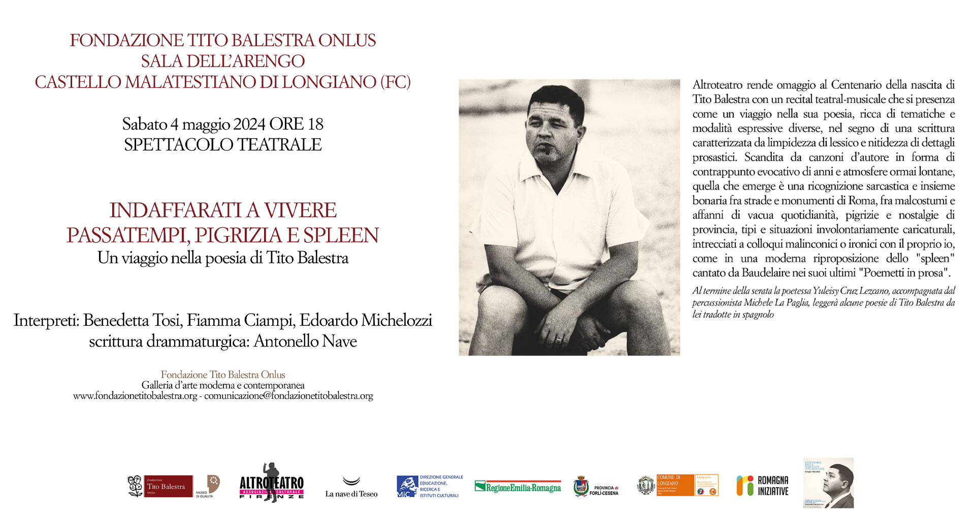 locandina Spettacolo teatrale su Tito Balestra 4 maggio 2024